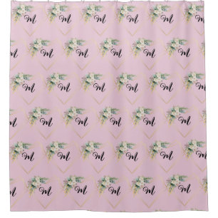 Cortina Para Box Vintage White Pink Roses Ouro Monograma do Coração