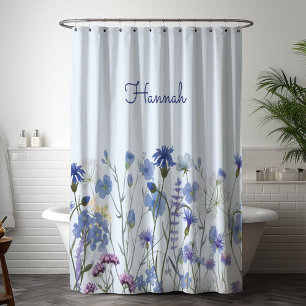 Cortina Para Box Viver de Flores Silvestres em Aquarela Azul Monogr