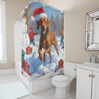 Cortina Para Box Vizsla Correndo na Neve com Chapéu de Natal