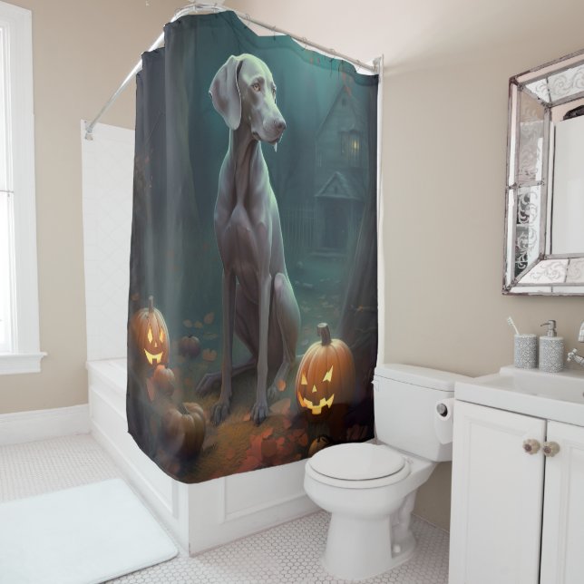 Cortina Para Box Weimaraner de Halloween com Abóboras Assustadoras (In Situ)