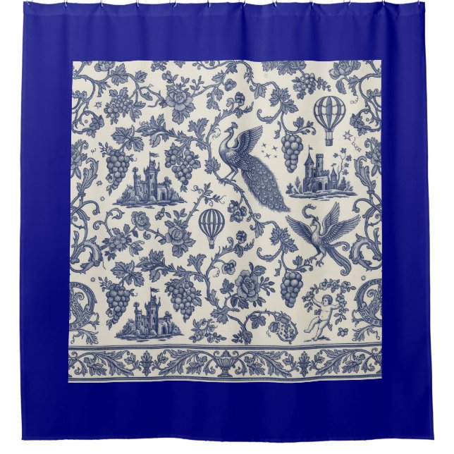 Cortina Para Box Whimsical Blue and White Peacock, Castelo (Frente)