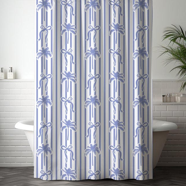 Cortina Para Box White Blue Coastal Palm Trees Bows Stripes Pattern (In situ)