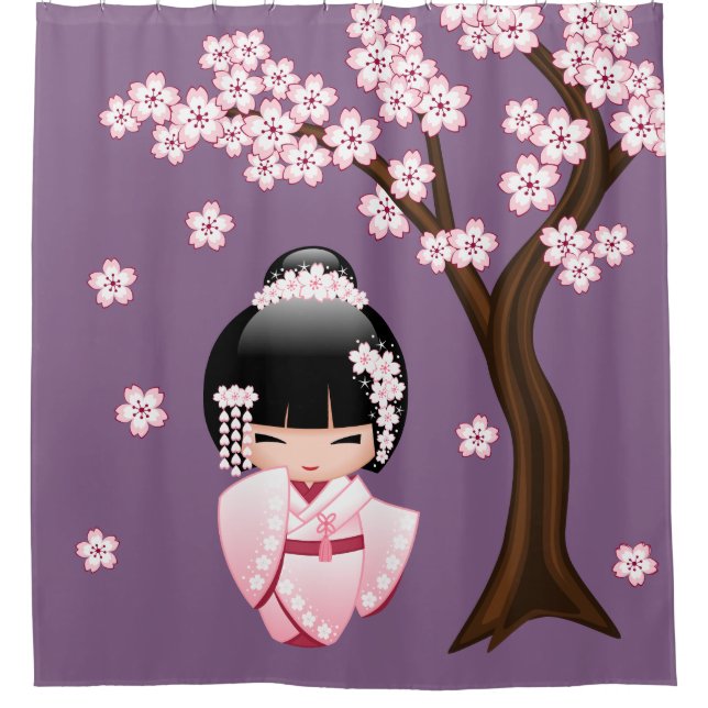 Cortina Para Box White Kimono Kokeshi Doll Cute Geisha Girl Purple (Frente)