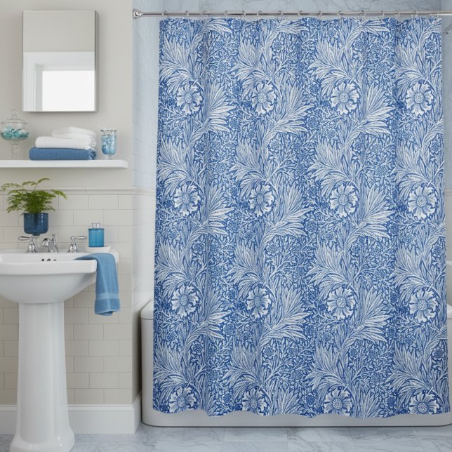 Cortina Para Box William Morris Marigold Blue (elegant vintage william morris shower curtain, blue and white marigold floral pattern,home decor)