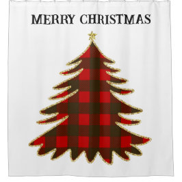 Cortina Para Box Xadrez de Buffalo e Árvore de Natal Dourada e Lumi