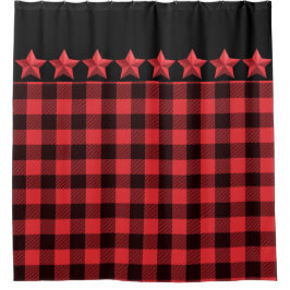 Cortina Para Box Xadrez de Buffalo Vermelho e Negro com Estrelas Ve