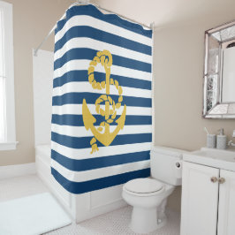 Cortina Para Chuveiro Âncora de vela amarela, branco azul, riscado