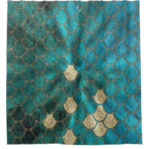 Cortina Para Chuveiro Aqua Mermaidscales verde com brilho do ouro