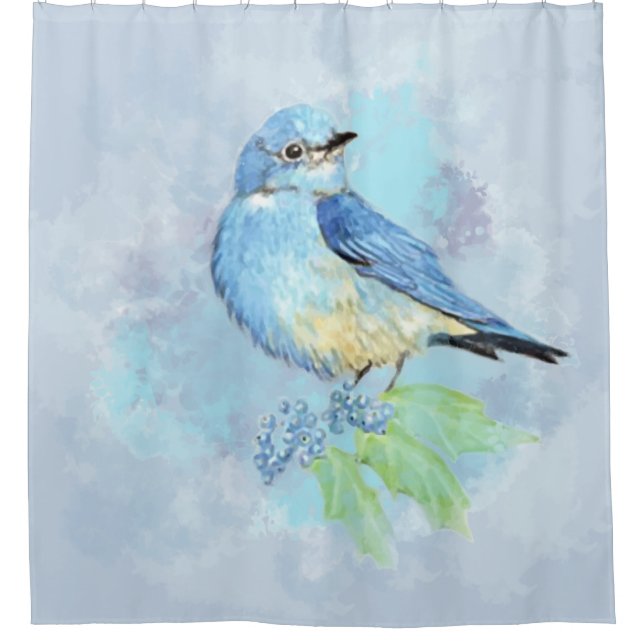 Cortina Para Chuveiro Aquarela Bluebird Blue Bird Art (Frente)