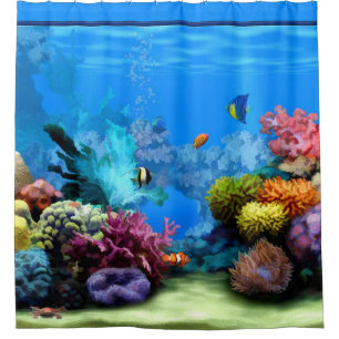 Cortina Para Chuveiro Aquário tropical com peixes e coral coloridos