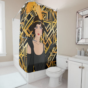 Cortina Para Chuveiro Art deco, ouro, preto, 1920, Gatsby, chique, teste