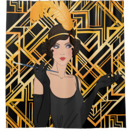 Cortina Para Chuveiro Art deco, ouro, preto, 1920, Gatsby, chique, teste