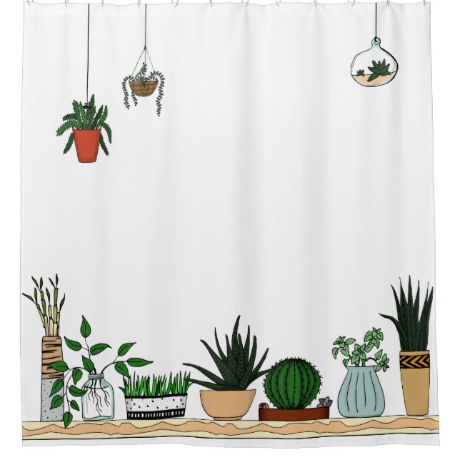 Cortina Para Chuveiro Arte Potted Home do Doodle das plantas (Frente)