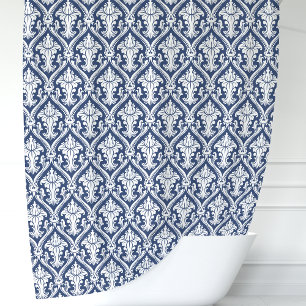 Cortina Para Chuveiro Azul Marinho e Damasco Branco