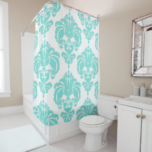 Cortina Para Chuveiro Azul Teal Aqua & Branco Glam Damask Real