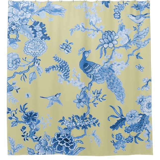 Cortina Para Chuveiro Birds_Toile_Blue & mostarda (Frente)