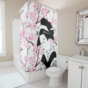 Cortina Para Chuveiro branco japonês 3 do preto do rosa da gueixa da