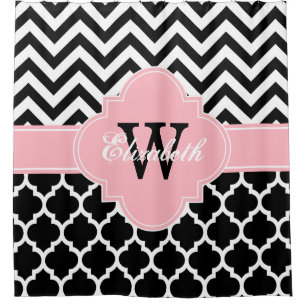Cortina Para Chuveiro Branco preto cor-de-rosa marroquino #5 Chevron 1IQ