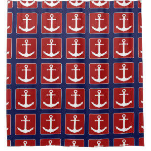 Cortina Para Chuveiro Branco vermelho e azuis marinhos do teste padrão