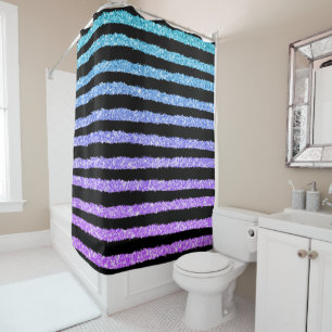 Cortina Para Chuveiro Brilho Azul e Roxo e faixas desenhadas à Mão Negra