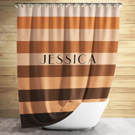 Cortina Para Chuveiro Brown Beige Striped Pattern Personalized Name