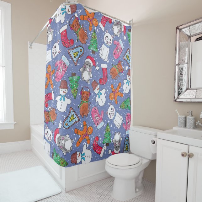 Cortina Para Chuveiro Caráteres do Natal pintados mão na aguarela (In Situ)