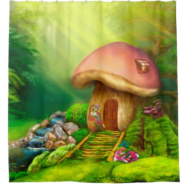 Cortina Para Chuveiro Casa de cogumelos fantasia (Frente)