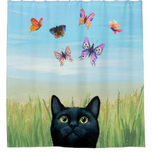Cortina Para Chuveiro Cat 606 Black Cat com borboletas Nature