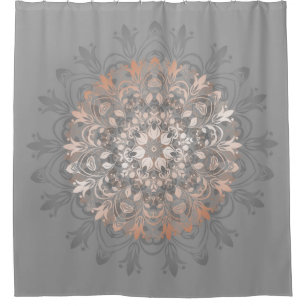 Cortina Para Chuveiro Cinza Dourada Floral Mandala