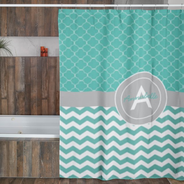 Cortina Para Chuveiro Cinza Teal Chevron Quatrefoil (Criador carregado)