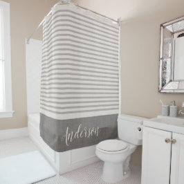 Cortina Para Chuveiro Cinza Turca Stripes Monograma | Farmhouse Bath
