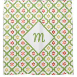 Cortina Para Chuveiro Cinzas e Monograma de Quatrefoil Verde Girly