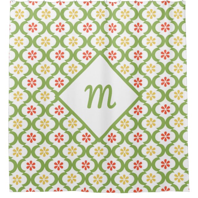 Cortina Para Chuveiro Cinzas e Monograma de Quatrefoil Verde Girly (Frente)