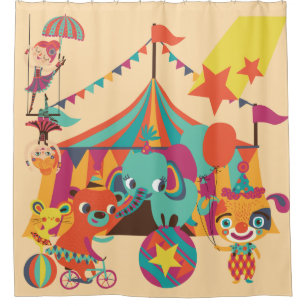 Cortina Para Chuveiro Circo retro com elefante, urso, acrobatas