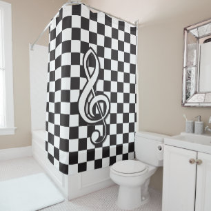 Cortina Para Chuveiro Clef de triplo preto e branco moderno no tabuleiro