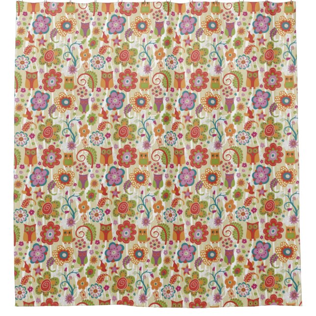 Cortina Para Chuveiro Cor floral e coruja (Frente)