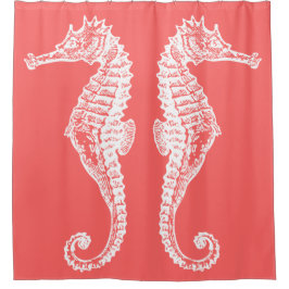 Cortina Para Chuveiro Coral elegante tirado mão do cavalo marinho branco