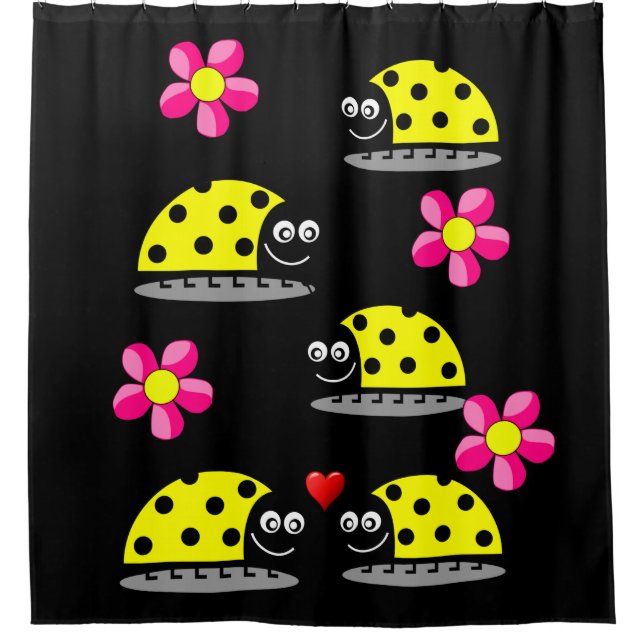 Cortina Para Chuveiro Cortina de chuveiro preto de joaninha amarela (Frente)