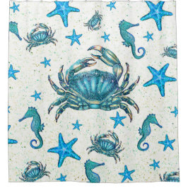Cortina Para Chuveiro Crab-Starfish-Sparkle, de Azul-Praia Moderna