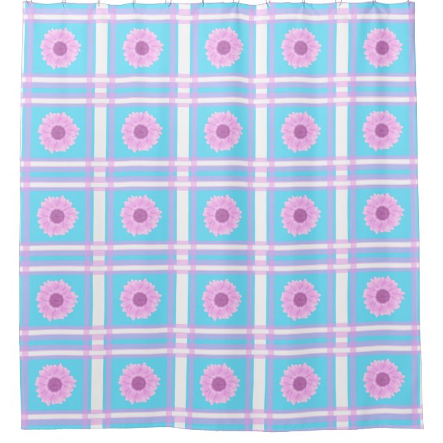 Cortina Para Chuveiro Daisy Pink e Xadrez azul (Frente)