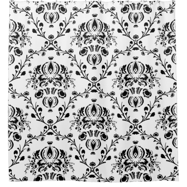 Cortina Para Chuveiro Damasco branco e preto (Frente)