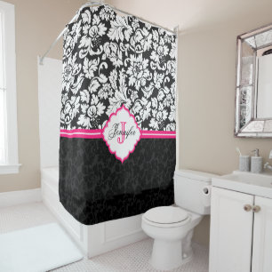 Cortina Para Chuveiro Damasco Branco E Preto, Cor-De-Rosa, Stripe 2