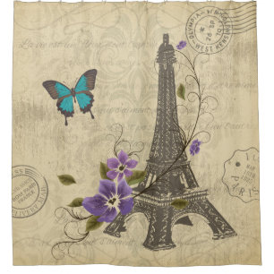Cortina Para Chuveiro Damasco floral da borboleta da torre Eiffel de