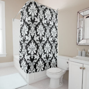 Cortina Para Chuveiro Damasco preto e branco elegante
