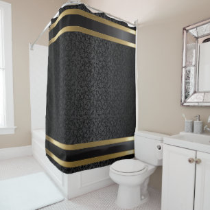 Cortina Para Chuveiro Damasco preto e Dourado