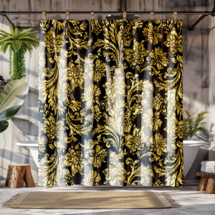 Cortina Para Chuveiro Damascos florais do vintage Dourado preto &
