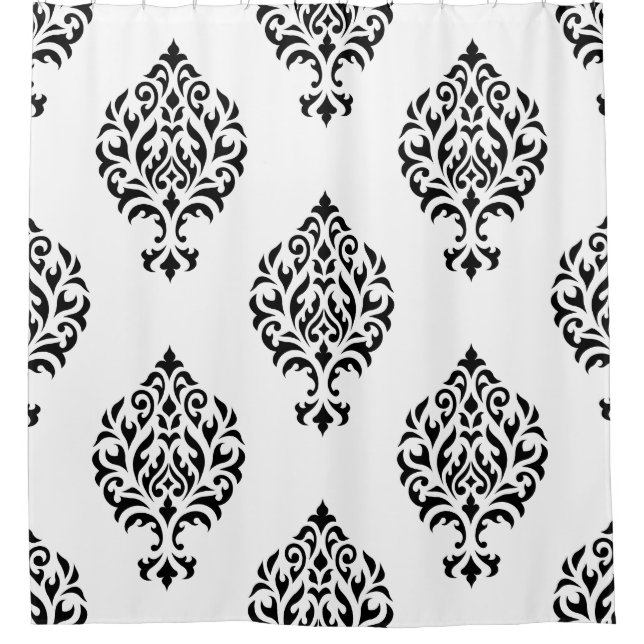Cortina Para Chuveiro Damask Ornamental Big Ptn Black on White (Frente)