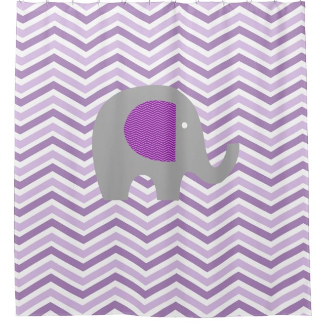 Cortina Para Chuveiro Elefante cinzento no roxo, lavanda, Chevron branco (Frente)
