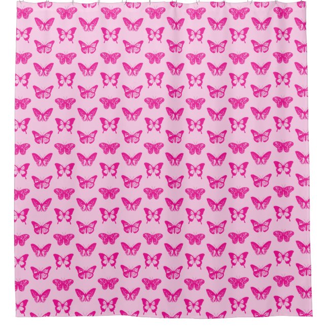 Cortina Para Chuveiro Esboço de borboleta, rosa claro e fúcsia (Frente)