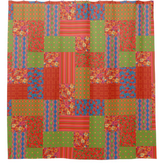 Cortina Para Chuveiro Escarlate Poppies Padrões Nostalgia Faux Patchwork (Frente)